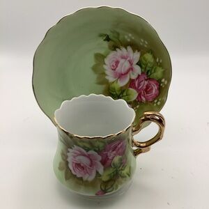 Vintage Lefton China Japan Hand Painted Flowers Green Cup and Saucer